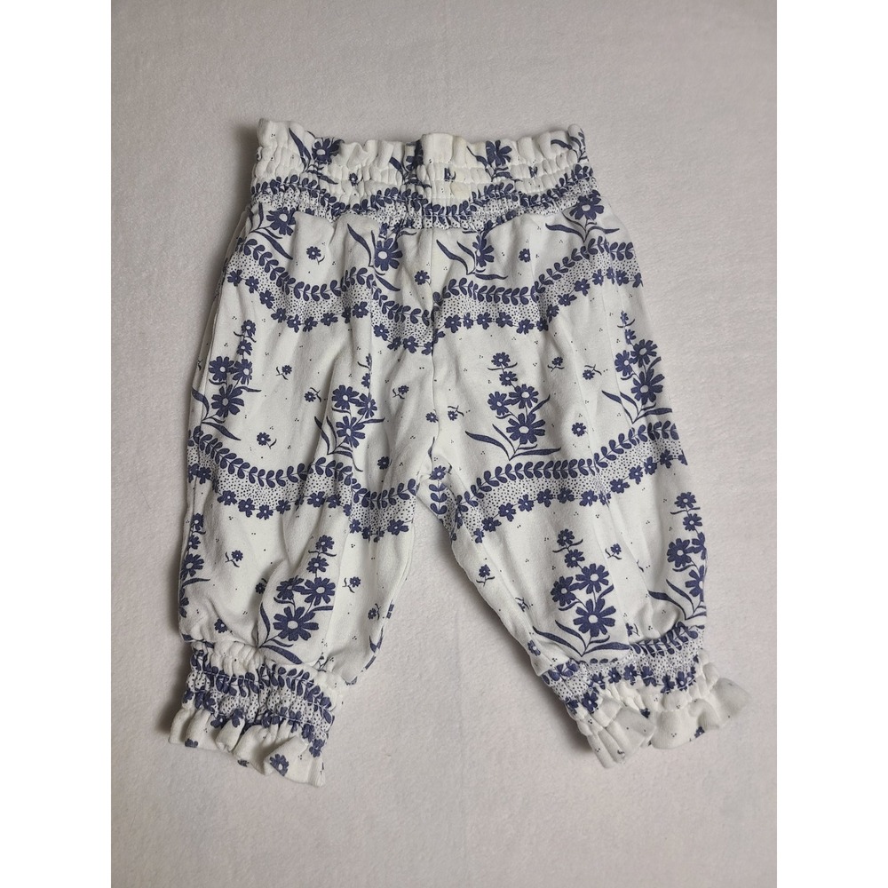 Kate Quinn Harem Pant Baby 6-12M White Blue Floral Organic Cotton Smocked Ruffle